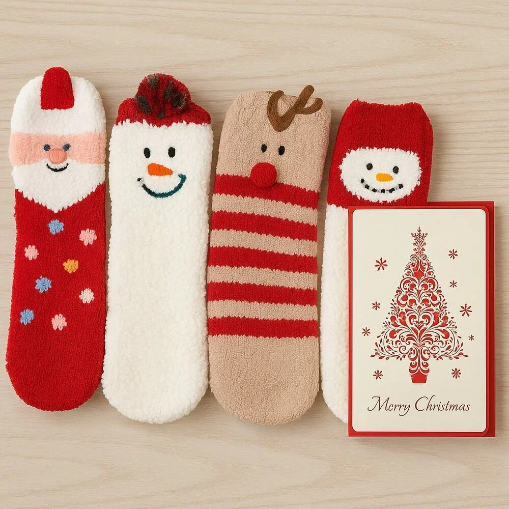 4Pk Women Christmas Fuzzy Fluffy Socks - Winter Warm Cozy Crew- Stocking Stuffer